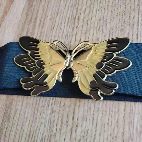 VTG 1980s Butterfly Enameled Buckle Stretch Belt  Black Size XL  41in End To End - Picture 3 of 9